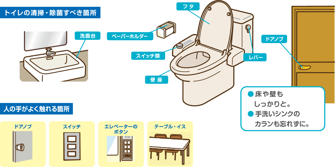 トイレの清掃・除菌すべき箇所、人の手がよく触れる箇所