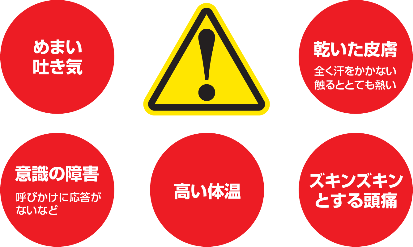 熱中症の危険信号は、めまい吐き気、乾いた皮膚、意識の障害、高い体温、ズキンズキンとする頭痛